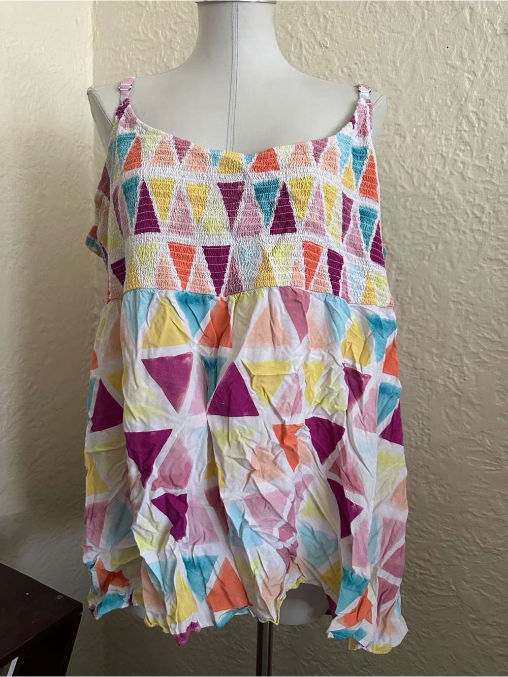 Torrid Babydoll Challis Smocked Tank Top Triangle Pattern Pink Orange Yellow Blu